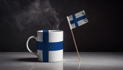 Tea or coffee in mug with Finland flag. Gray stone background.