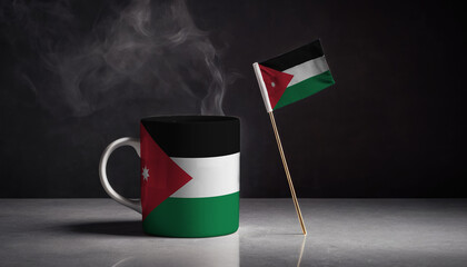 Tea or coffee in mug with Jordan flag. Gray stone background.