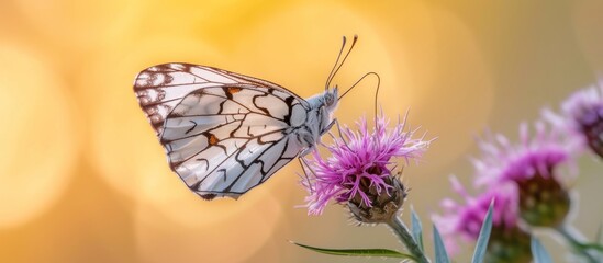 Sticker - Beautiful butterfly resting on colorful blooming flower in vibrant garden