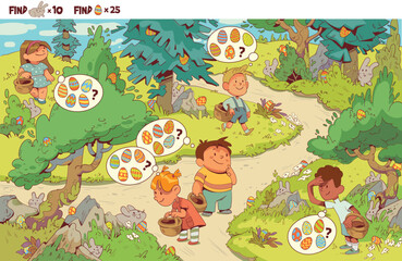 Wall Mural - Egg Hunt. Help the children find the Easter eggs hidden in the meadow. Find the 10 hidden bunnies in the picture. Puzzle hidden items. Colorful cartoon character. Funny vector illustration