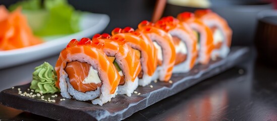 Sticker - Delicious and Fresh Sui Rolls with Salmon and Avocado on a Plate for Asian Cuisine Menu