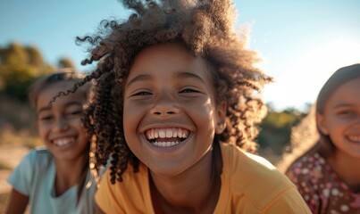 A joyful multiethnic children laughing together, sunny outdoor setting