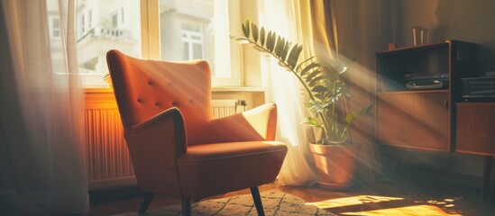 Sticker - Retro wooden chair minimalist interior design in cozy room with natural light