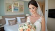 Radiant Bride Holding Bouquet in Hotel Room