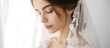 Beautiful bride in wedding dress and veil posing for elegant bridal portrait