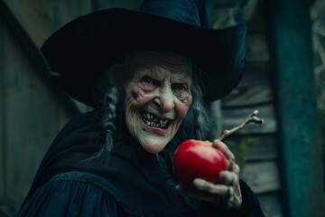 Une vieille sorcière effrayante avec une pomme rouge » IA générative