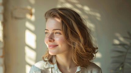 Wall Mural - Smiling young caucasian business woman head shot portrait. Thoughtful millennial businesswoman looking away with pensive face, dreaming, thinking over project tasks, future lifestyle