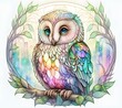 enchanted, pastel coloured, stained glass cute and happy owl with beautiful eyes. watercolour style