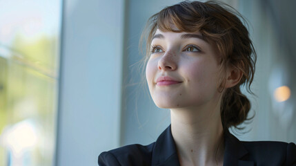 Wall Mural - Smiling young caucasian business woman head shot portrait. Thoughtful millennial businesswoman looking away with pensive face, dreaming, thinking over project tasks, future lifestyle