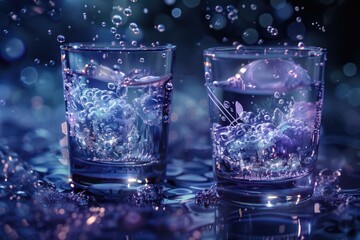 Two glasses, filled with water, sit gracefully on top of a table. The stillness of the scene is marred only by the subtle ripples in the water