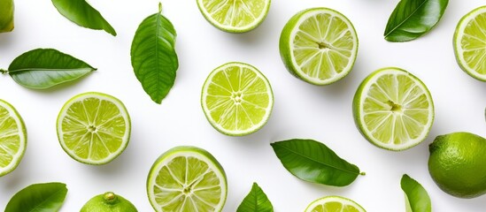 Poster - Fresh green limes and vibrant leaves on a crisp white background for refreshing citrus concept design