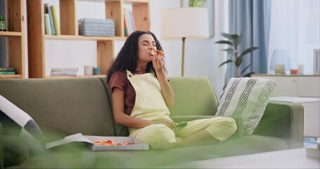 Sticker - Pizza, relax and woman watching tv on sofa for entertainment in living room at modern home. Happy, television and female person streaming movie, film or show and eating fast food dinner in apartment.