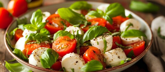 Poster - Fresh and Healthy Salad Bowl with Ripe Tomatoes and Creamy Mozzarella Cheese for a Nutritious Meal Option