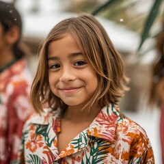 Wall Mural - Portrait of a little girl in a floral shirt in the park