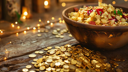 a bowl of food with a happy purim message on it and a pile of gold coins on the floor