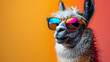 Cool and relaxed Lama with colorful sunglasses in a photo studio light, good vibes chill, vibrant color lights, blue and pink illuminate, head shot profile photo