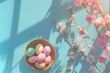 Happy Easter Eggs Basket turquoise shimmer. Bunny hopping in fluffy toy decoration. Adorable hare 3d orange tang rabbit illustration. Holy week easter hunt easter tableware card rose lemonade