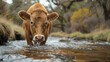 Cow is drinking water on river