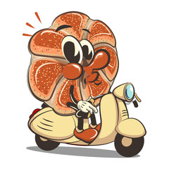 Wall Mural - vector isolated clip art illustration of cute bagel rolls mascot riding a scooter, work of handmade