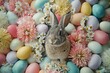 Happy Easter Eggs Basket Beautiful bunch. Bunny hopping in flower flamboyant decoration. Adorable hare 3d Brush strokes rabbit illustration. Holy week easter hunt happy thought card easter geranium