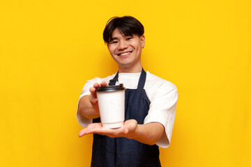 asian young male waiter in apron giving cup of coffee on yellow isolated background, korean guy barista businessman