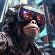 Ape with cyber glasses in futuristic city