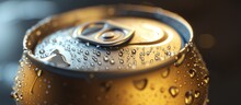 A Closeup Of A Soda Can Glistening With Water Drops, Resembling A Piece Of Jewellery. The Metal Surface Reflects Light Like A Clock Ticking Away In The Background