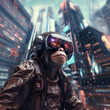 Ape with cyber glasses in futuristic city