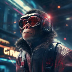 Wall Mural - Ape with cyber glasses in futuristic city