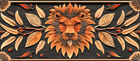 Wall Mural - Carved lion head wood painted texture plaque with plant ornaments - Pyrography art craft tribal background