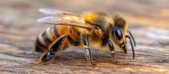 Poster - Gorgeous bee showing off its striking long, black and yellow striped abdomen on a sunny day in the garden