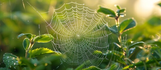 Sticker - Intricate spider web intricately woven in the heart of a lush green bush