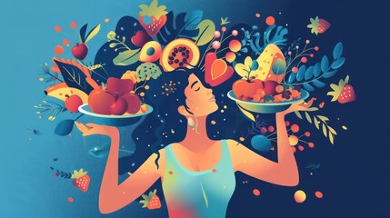 Healthy girl chooses her favorite food.flat  illustration