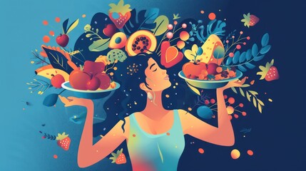 healthy girl chooses her favorite food.flat illustration