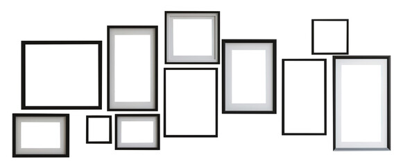 Wall Mural - Collage of different sizes black thin photo frames over white transparent background