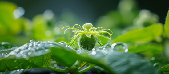 Macro close-up of a vibrant green spider perched on a lush leaf in the forest