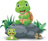Fototapeta Dinusie - Cute turtle cartoon sitting on the stone