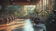 © nur - Row of modern stationary bikes bathed in warm light in a fitness center inviting an active lifestyle