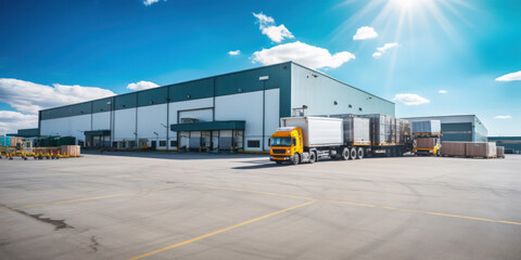 Wall Mural - Industrial Logistics Hub: Red Semi Truck at Modern Warehouse Dock, Loading and Unloading Cargo Containers