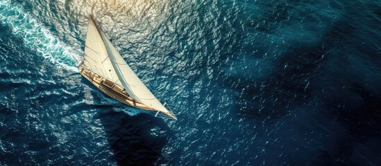 Canvas Print - A sailboat with white sails gliding through the deep blue ocean, captured from above by an aerial drone. The vast expanse of the ocean surrounds the boat as it cuts through the water.