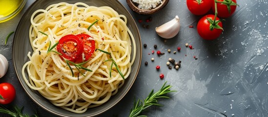 Poster - Delicious plate of spaghetti with fresh cherry tomatoes and aromatic herbs on rustic wooden table