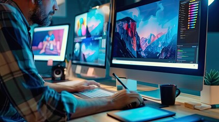 Graphic designer working on creative desk computer while using graphic tablet at desk in the office