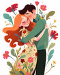 Two person hugging, surrounded by spring flowers.