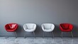 Clean contemporary space featuring a quartet of chairs with one standout red chair