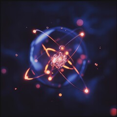 Wall Mural - atomic dance: subatomic realm, electrons, neutrons, and protons orbit a fixed nucleus in a model emp