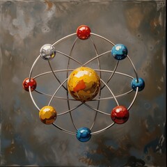 Wall Mural - atomic dance: subatomic realm, electrons, neutrons, and protons orbit a fixed nucleus in a model emp