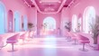 Chic salon interior with stylish pink chairs and arch mirrors reflecting a modern design