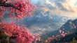 Pink Flowers Blooming on Tree With Mountains in Background