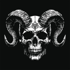 Dark Art Skull Head Horn Devil Demon Grunge Vintage Tattoo illustration Black White