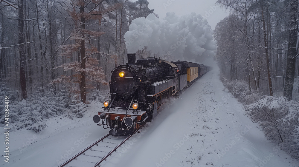 black steam locomotive in the snowy landscape forest mountains of Harz ...